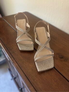 Stuart Weitzman Gold Textured Strappy Heeled Sandals